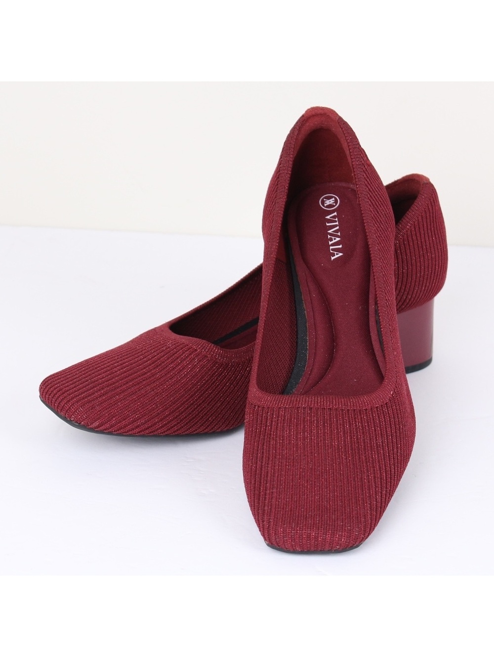 VIVAIA Melody 2.0 Square Toe Block Heel Pumps Bordeaux Red Knit Size 39.5